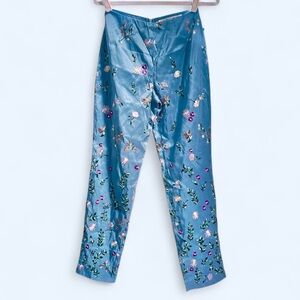 Vintage Noviello Bloom Silk Pants Women’s 4 Blue Floral Embroidered EUC